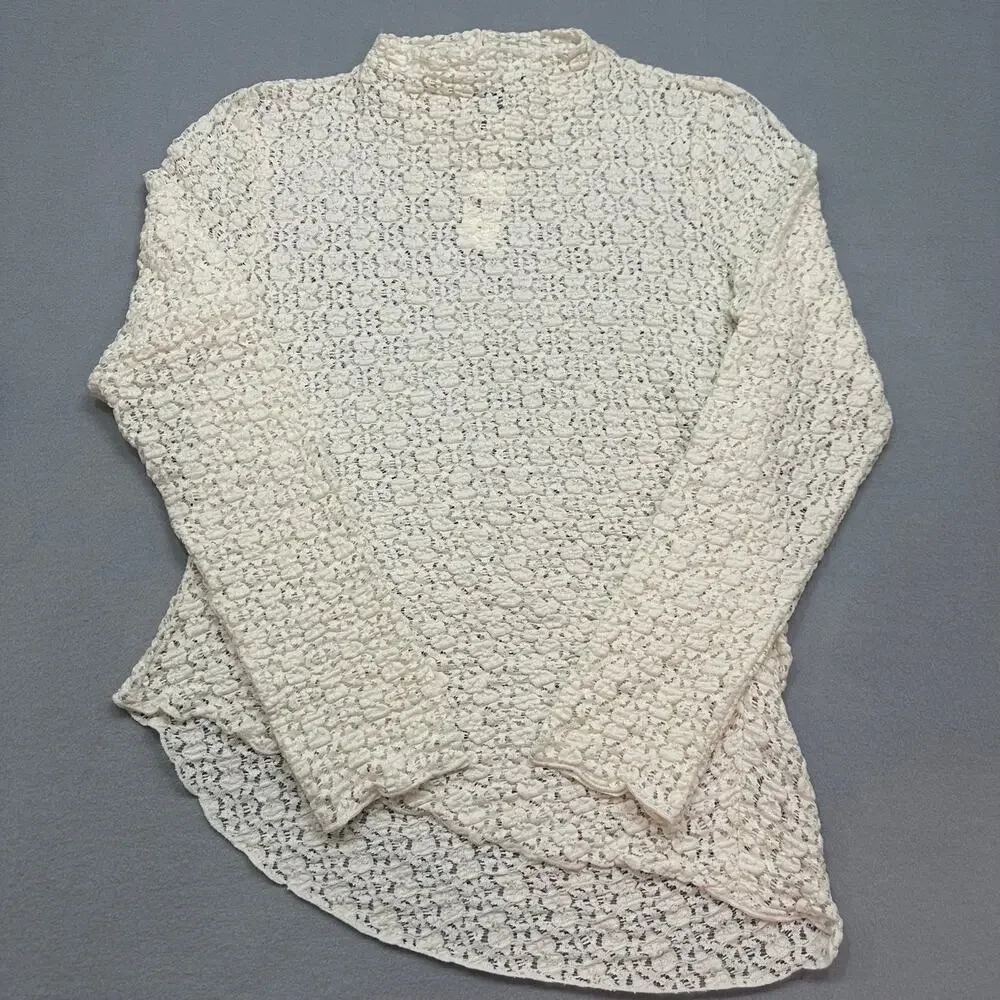 NWT Anthropologie Ivory Smocked Lace Sheer Mock Neck Long Sleeve Top Size M - Picture 8 of 13